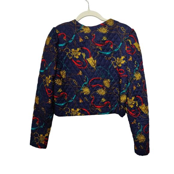 Vintage 80s Women's Sz 5/6 Blue Cropped Quilted Jacket Gold Buttons Mob Wife - Picture 8 of 8